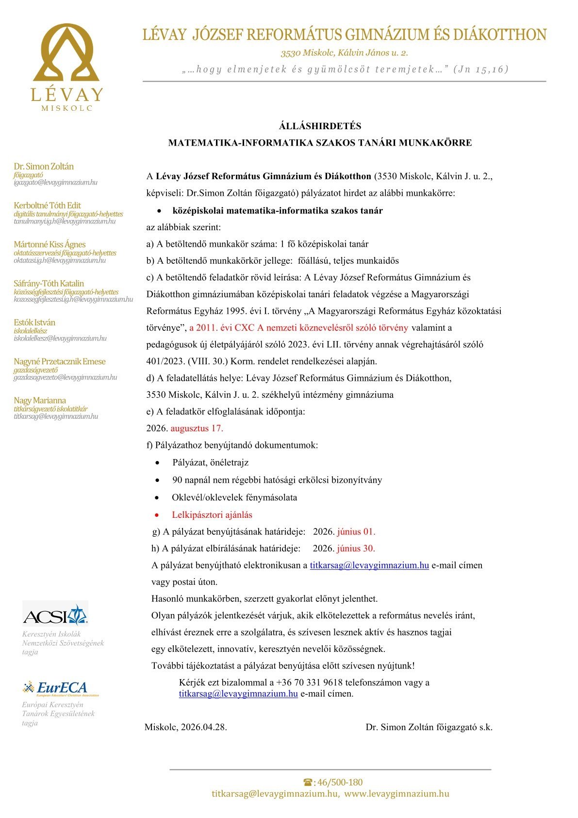 Álláshirdetés_matematika_informatika_szakos_tanári_2026_Lévay